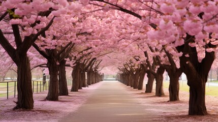 Picturesque cherry blossom avenue, vibrant pink blooms framing a peaceful walking path, ideal for serene spring day