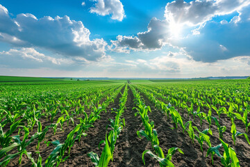 Fototapeta na wymiar The gorgeous sky above a lush corn farm's agricultural region. The Ukrainian agricultural region is located in Europe. fields under cultivation. picture wallpaper