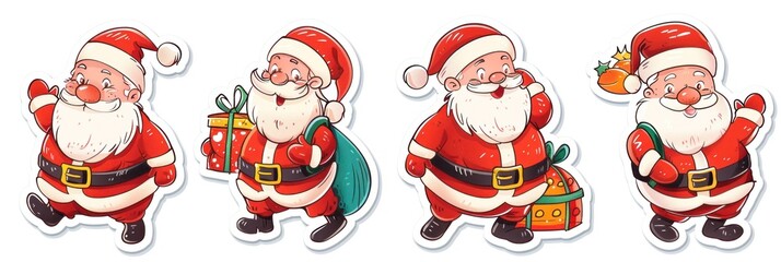 Set of Santa Claus stickers for Christmas decorations and holiday clipart, isolated on white background.