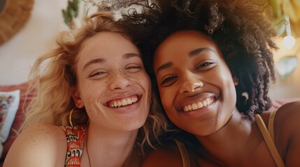 Selfie, couple, and smiling with love, commitment, and social media, bonding, or marriage. Portrait, females, or queer individuals with blog, lgbtq, or network care, trust, or relationship