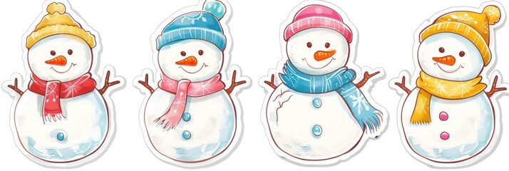 Colorful stickers and cartoon snowman designs, perfect for Christmas and New Year decorations.