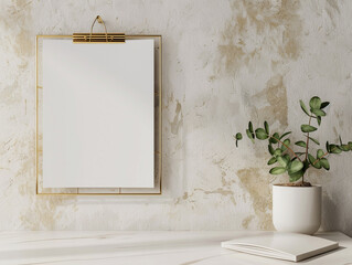 A photo shows a gold wire frame with white blank cards hanging on it, placed against a wall in front of a desk. 