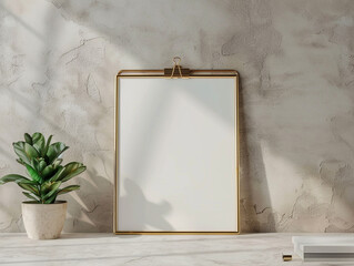 A photo shows a gold wire frame with white blank cards hanging on it, placed against a wall in front of a desk. 