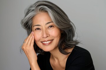 Mockup of mature woman laughing or glowing on grey studio background in wellness, healthcare, or dermatology routine. Portrait, smiling, beautiful model, gray hair, joyful face