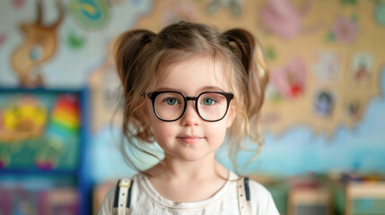 Cute girl with glasses in kindergarten. Vision problems in preschoolers