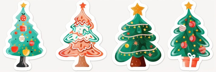 Festive stickers and drawings of cartoon Christmas trees, perfect for Christmas and New Year decorations. - obrazy, fototapety, plakaty