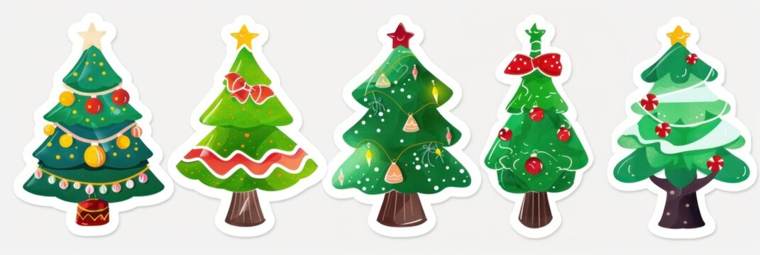 Christmas tree sticker and decal set for holiday decorations and festive clipart, isolated on a white background.
