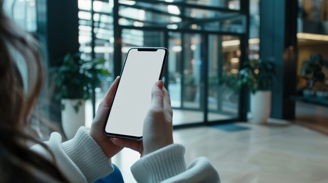 Phone screen, mockup, or IT lady hands on server room research, conversation, or typing. Browse, search, or girl on smartphone for social media, networking, or website content. - Powered by Adobe