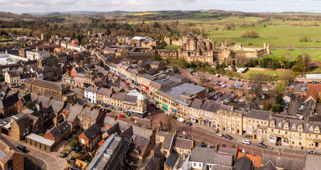 Aerial landscape view of Alnwick town centre in Northumberland, UK