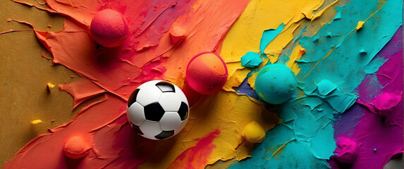 A dynamic and vivid image capturing a classic soccer ball contrasted against a colorful, textured paint backdrop