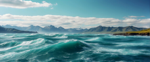 A panoramic view of powerful ocean waves with distant mountains under a serene blue sky, showcasing nature's wild beauty