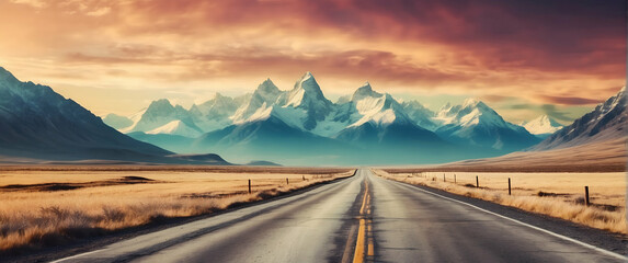 Capturing the freedom of a road trip, this scenic landscape showcases mountains under a warm sunset glow