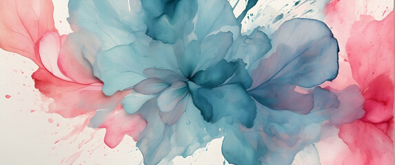 This image features a delicate and ethereal watercolor painting of a floral-like formation in shades of blue and pink