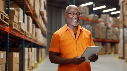 Portrait of an accountant in warehouse. Businessman standing in his fabric warehouse and working with tablet PC.