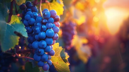 Bunch of Blue Grapes Hanging in Vineyard. Winemaking and Agriculture Concept,