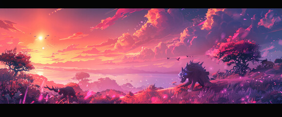 Produce an AI-generated fantasy landscape with mythical creatures roaming against a backdrop of a vibrant sunset gradient background, merging hues of pink and deep purples, igniting the imagination.