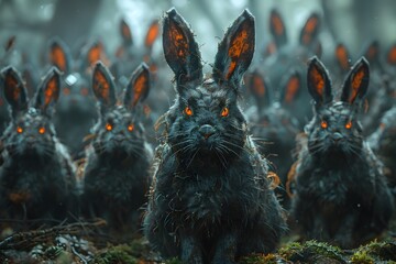 A Plague Necromancer s Army of Zombie Bunnies Emerging from a Haunted Forest Shrouded in Darkness and Glowing with Dark Magic