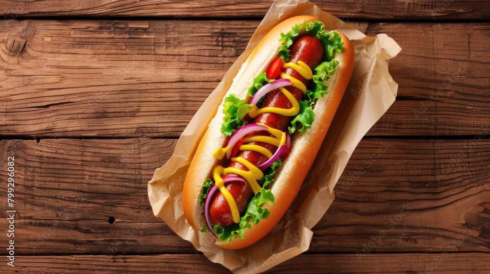 Sticker american fast food classic hot dog on wooden background viewed from above