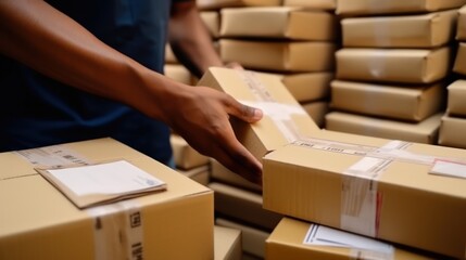 Delivery serviceman while working in a postal service warehouse. Male hands with parcels. Cardboard boxes with parcels from online stores at the post office. - obrazy, fototapety, plakaty