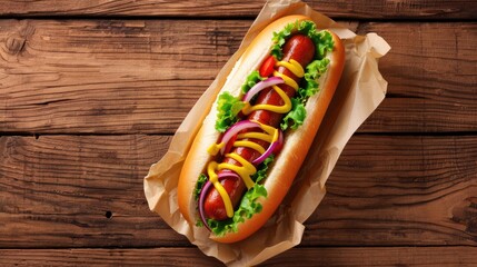 American fast food classic hot dog on wooden background viewed from above - obrazy, fototapety, plakaty