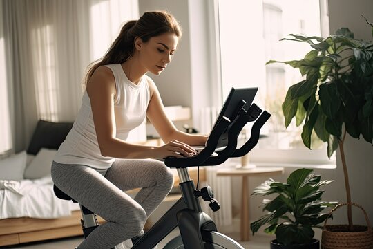 Athletic girl doing sports on cardio bike at home. Young woman during a workout on a home exercise bike. Keep yourself in shape with electronic results tracking. Smart fitness at any age.