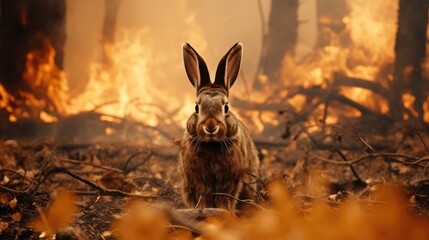 The burning forest becomes the backdrop as a hare darts through the flames.