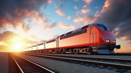 Fototapeta premium A sleek high-speed train hurtles through the landscape, cutting through the air like an arrow, showcasing the marvels of modern engineering and speed