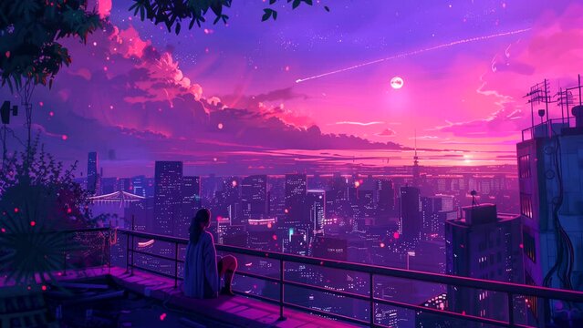 Animated city background at night. looping time-lapse video