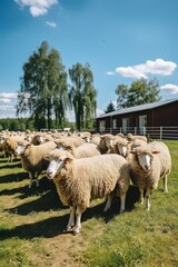 Obraz premium Cute curly haired sheep herd stands in large farm yard on sunny day livestock animals