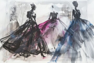 A fashion illustration of three models wearing evening gowns