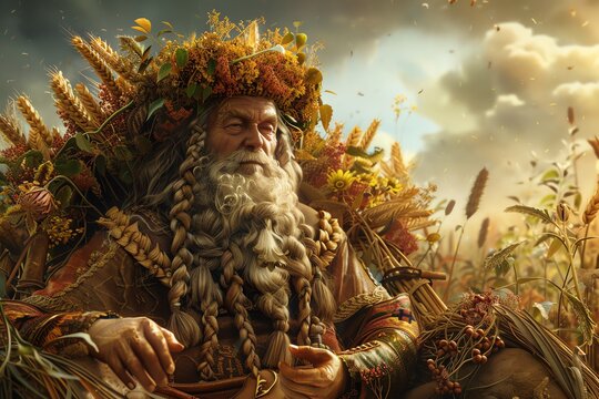 An old man with a long white beard and a wreath of flowers on his head sits on a throne made of wheat