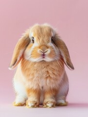A small brown and white rabbit sitting on a pink background. Generative AI.