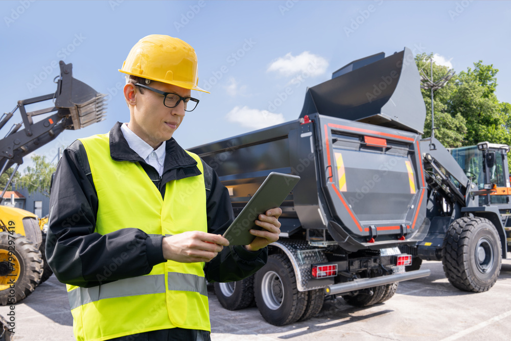 Poster engineer with a digital tablet on the background of construction machines