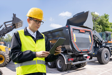 Engineer with a digital tablet on the background of construction machines