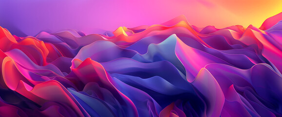 Produce an AI-generated abstract composition with dynamic shapes against a vibrant sunset gradient background, shifting from pink to deep purples, creating a sense of movement and energy.