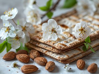 Naklejka premium A close up of a matzah with almonds and flowers on it. AI.