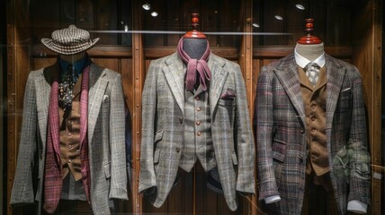 outfits with effective layering and fabric combinations, featuring tweed jackets over corduroy vests paired with silk cravats or cotton ascot ties