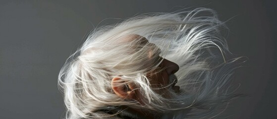 An elderly man with white hair blowing in the wind. AI.