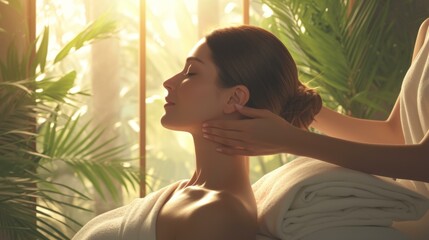 A woman getting a massage in the back of her head. AI.