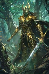 Fototapeta premium A valiant warrior, clad in resplendent golden armor, stands resolute in the heart of a mystical forest