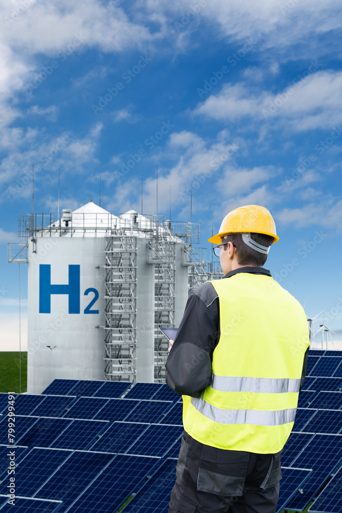 Poster Engineer with tablet computer on a background of Hydrogen factory.
