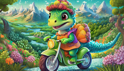 oil painting style CARTOON CHARACTER CUTE baby dinosaur ride Stylish green cross motorcycle