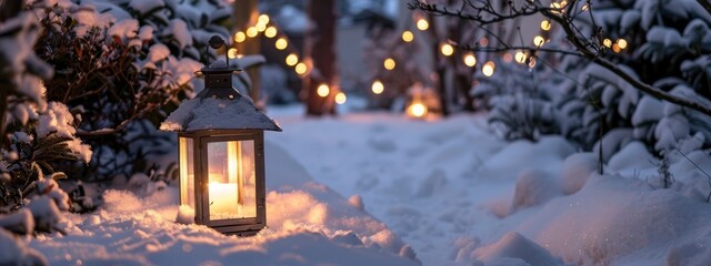 A cozy lantern illuminating the snow covered garden on Christmas evening and blur background. merry christmas