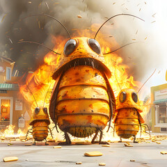 A 3D animated cartoon render of a courageous cockroach guiding a family to safety from a burning building.