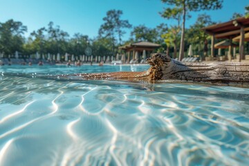 A long wooden log floating on the clear water