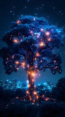 Enchanted Technological Tree Illuminating a Captivating Urban Skyline at Nightfall