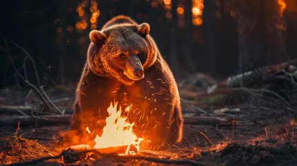 Foto op Aluminium Grizzly bear sitting by bonfire in forest at sunset © Олег Фадеев