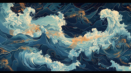Produce an AI illustration depicting the mesmerizing rhythm of ocean waves, with colors transitioning from azure to deep navy, symbolizing the perpetual movement and energy of nature's elements.