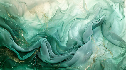 Produce an AI artwork showcasing abstract silk in minty green hues, accentuated by delicate glitters that dance across the canvas.