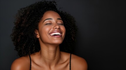 Black woman with beauty, humor, and delight face expression on dark studio background. Cosmetics, black woman or girl with makeup, dermatology or glow treatment